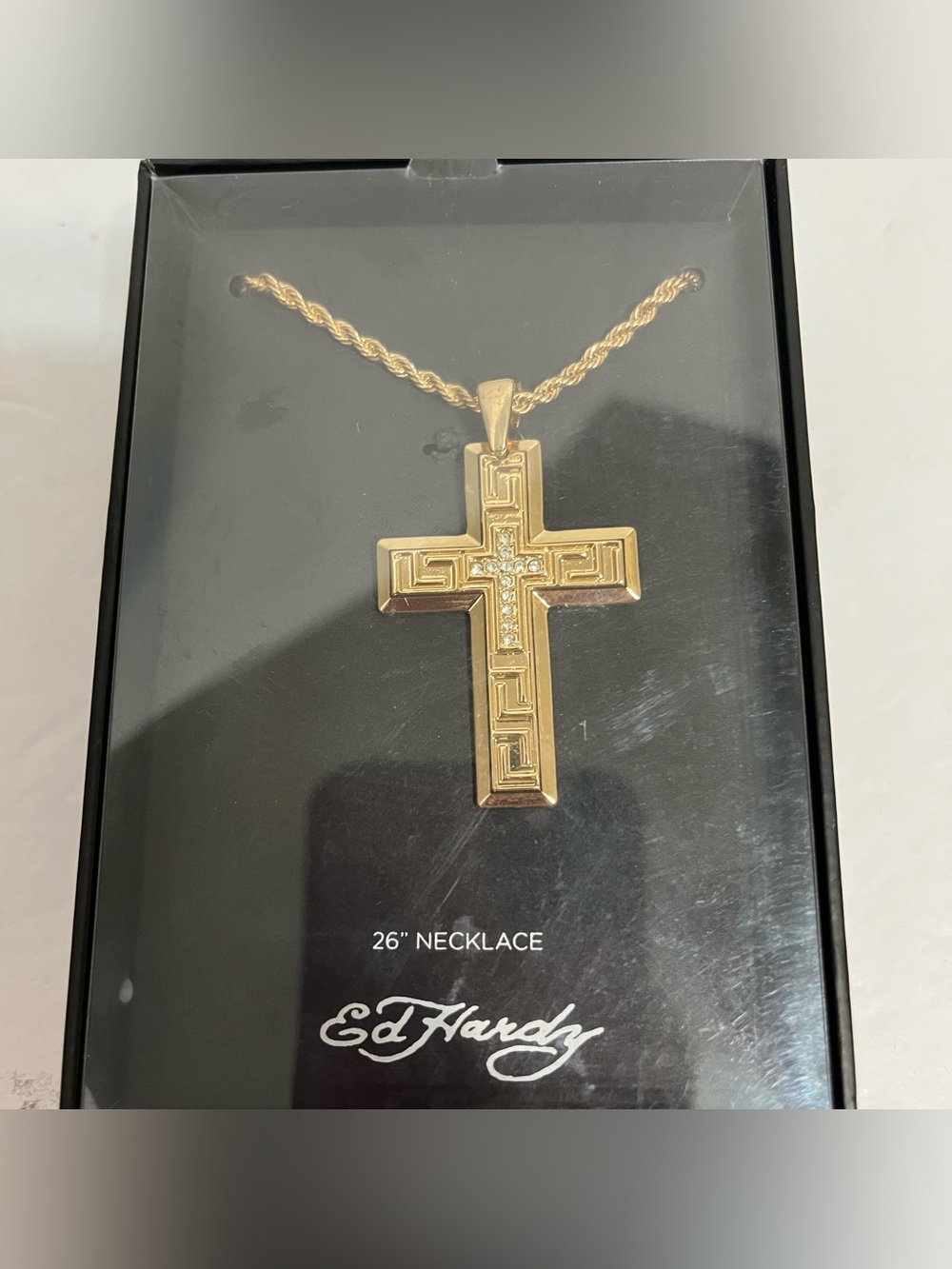Ed Hardy Gold Greek-Key Cross Pendant Necklace 26” Gold Tone Chain